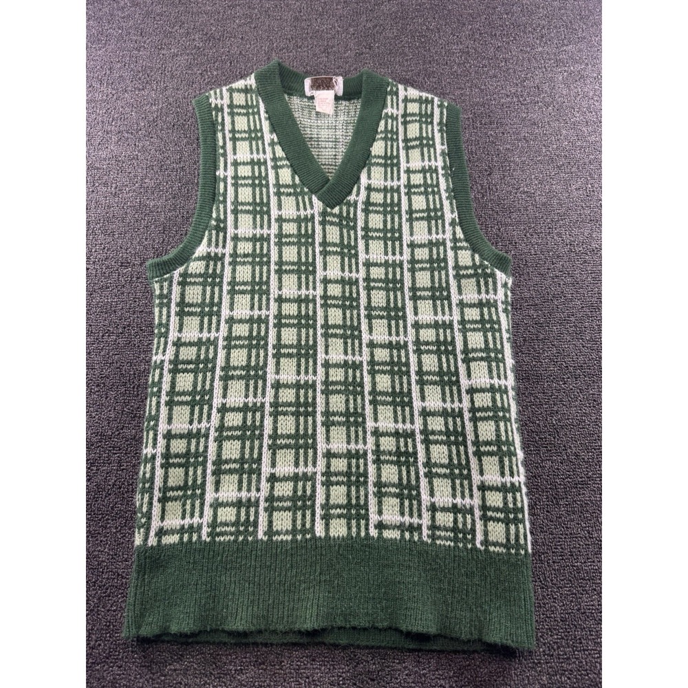 Vintage Montgomery Ward Green Plaid S Virgin‎ Acrylic Ribbed Knit Sweater Vest